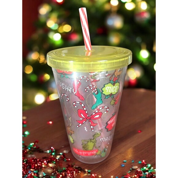 Dr. Seuss The Grinch Plastic 16 oz. Tumbler w/ Candy Cane Straw "Naughty or Nice - Picture 2 of 5